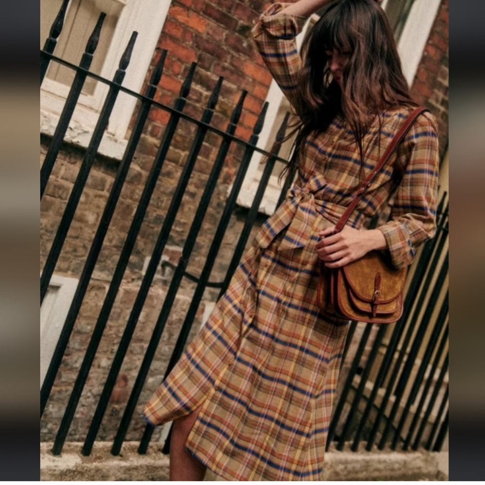 Sezane Plaid Midi Dress in Tan and Blue